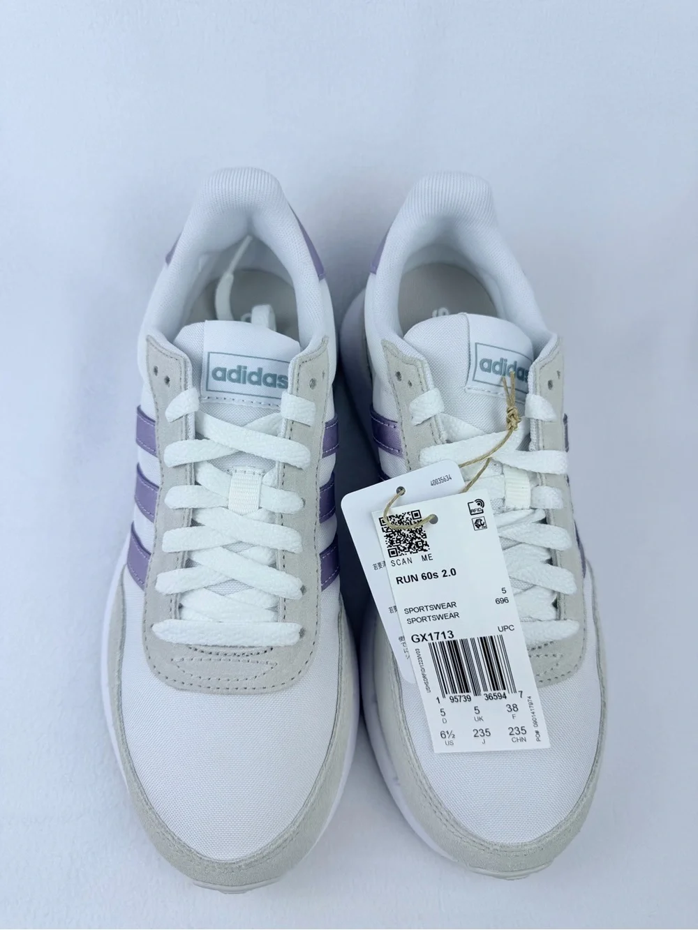 NWT Adidas Run 60s 2.0 Women’s Sneakers – White & Metallic Purple – Size 6.5